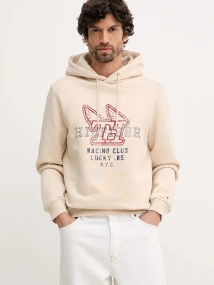 Tommy Hilfiger bluza bawełniana męska kolor beżowy z kapturem z nadrukiem MW0MW41431