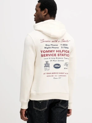 Tommy Hilfiger bluza bawełniana męska kolor beżowy z kapturem z nadrukiem MW0MW41434
