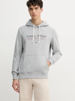 Tommy Hilfiger bluza bawełniana męska kolor szary z kapturem z nadrukiem MW0MW38672