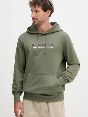 Tommy Hilfiger bluza bawełniana męska kolor zielony z kapturem z nadrukiem MW0MW40534