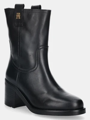 Tommy Hilfiger botki skórzane RIDING LTHR MID BOOT BLOCK HEEL damskie kolor czarny na słupku FW0FW08776