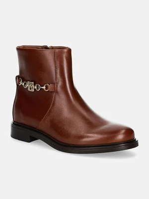 Tommy Hilfiger botki skórzane TH CHAIN LEATHER LOW BOOTIE damskie kolor brązowy na płaskim obcasie FW0FW08251