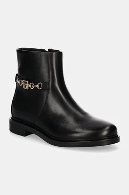 Tommy Hilfiger botki skórzane TH CHAIN LEATHER LOW BOOTIE damskie kolor czarny na płaskim obcasie FW0FW08251