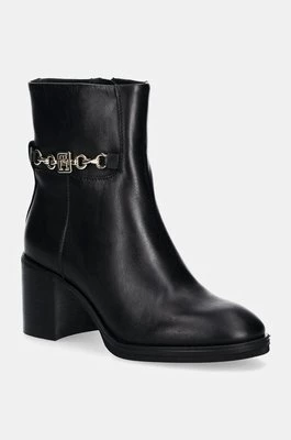 Tommy Hilfiger botki skórzane TH CHAIN LEATHER MID HEEL BOOTIE damskie kolor czarny na słupku FW0FW08183