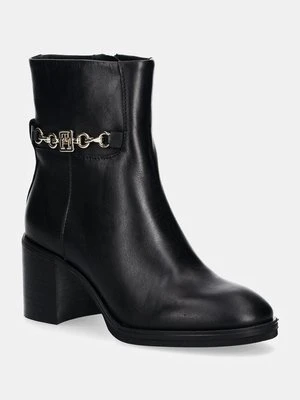 Tommy Hilfiger botki skórzane TH CHAIN LEATHER MID HEEL BOOTIE damskie kolor czarny na słupku FW0FW08183