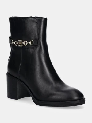 Tommy Hilfiger botki skórzane TH CHAIN LEATHER MID HEEL BOOTIE damskie kolor czarny na słupku FW0FW08183