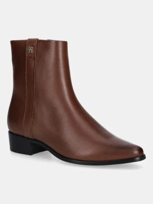 Tommy Hilfiger botki skórzane TH LEATHER POINTY ZIP BOOTIE damskie kolor brązowy na słupku FW0FW08980