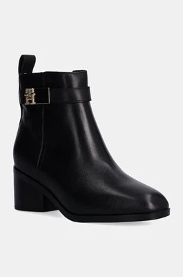 Tommy Hilfiger botki skórzane TH LOGO MID HEEL BOOTIE damskie kolor czarny na słupku FW0FW08179