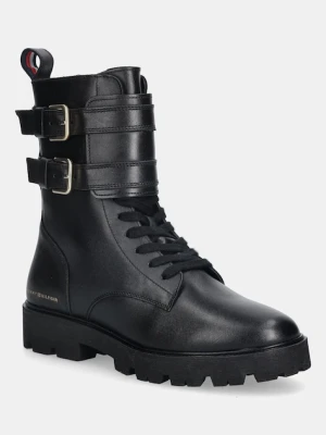 Tommy Hilfiger botki skórzane TH LTHR BIKER LACEUP damskie kolor czarny na płaskim obcasie FW0FW08986