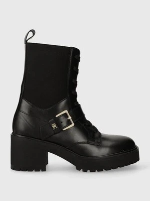 Tommy Hilfiger botki skórzane TOMMY BELT LEATHER BOOT damskie kolor czarny na słupku FW0FW07526