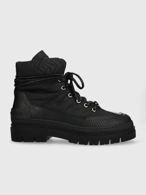 Tommy Hilfiger botki TH MONOGRAM OUTDOOR BOOT damskie kolor czarny na płaskim obcasie ocieplone FW0FW07502