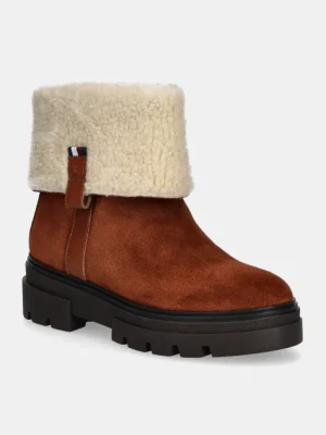 Tommy Hilfiger botki zamszowe FAUX FUR SUEDE ROLL-DOWN BOOT kolor brązowy na płaskim obcasie ocieplone FW0FW08158