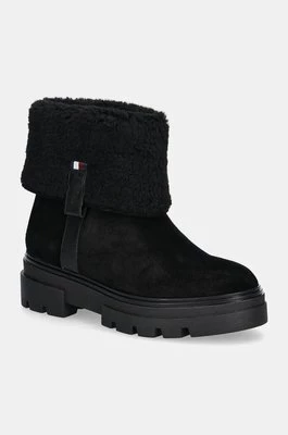 Tommy Hilfiger botki zamszowe FAUX FUR SUEDE ROLL-DOWN BOOT kolor czarny na płaskim obcasie ocieplone FW0FW08158