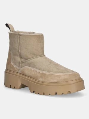 Tommy Hilfiger botki zamszowe REAL SHEARLING PULLON damskie kolor beżowy na płaskim obcasie ocieplone FW0FW08997