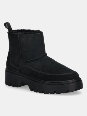 Tommy Hilfiger botki zamszowe REAL SHEARLING PULLON damskie kolor czarny na płaskim obcasie ocieplone FW0FW08997