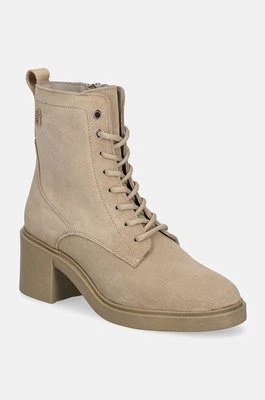 Tommy Hilfiger botki zamszowe SUEDE MID HEEL LACEUP LOGOTAPE damskie kolor beżowy na słupku FW0FW08090