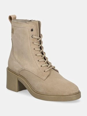 Tommy Hilfiger botki zamszowe SUEDE MID HEEL LACEUP LOGOTAPE damskie kolor beżowy na słupku FW0FW08090