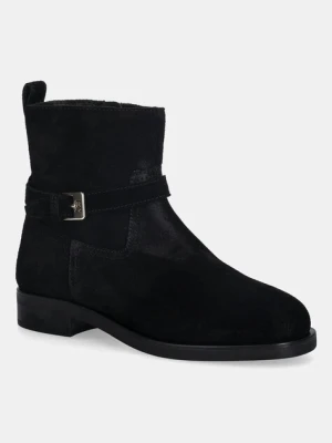 Tommy Hilfiger botki zamszowe TH BUCKLE RIDING SUEDE BOOTIE damskie kolor czarny na płaskim obcasie FW0FW09047