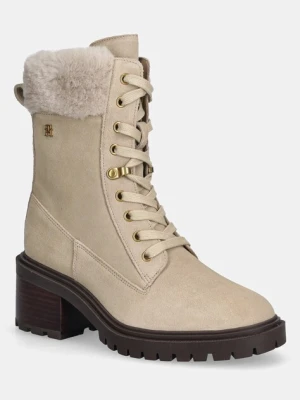 Tommy Hilfiger botki zamszowe TH SHEARLING LACE UP BOOT kolor beżowy na słupku lekko ocieplone FW0FW08999