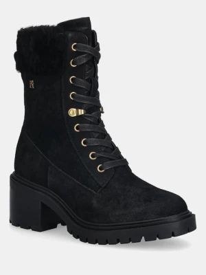 Tommy Hilfiger botki zamszowe TH SHEARLING LACE UP BOOT kolor czarny na słupku lekko ocieplone FW0FW08999