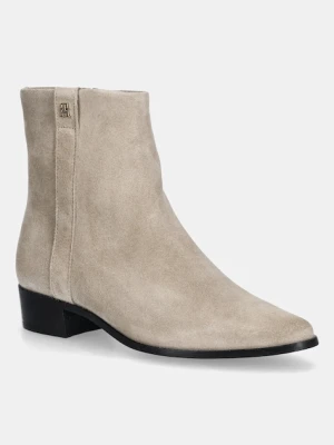 Tommy Hilfiger botki zamszowe TH SUEDE POINTY ZIP BOOTIE damskie kolor beżowy na słupku FW0FW08981