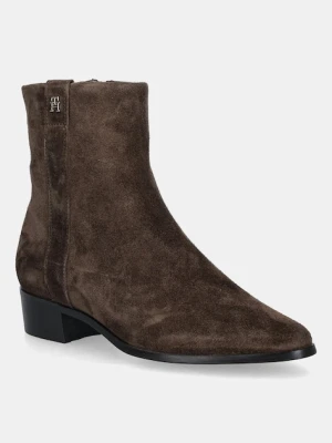 Tommy Hilfiger botki zamszowe TH SUEDE POINTY ZIP BOOTIE damskie kolor brązowy na słupku FW0FW08981