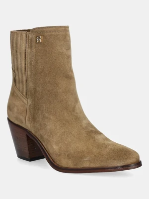 Tommy Hilfiger botki zamszowe WESTERN MID HEEL SUEDE CHELSEA damskie kolor brązowy na słupku FW0FW08888