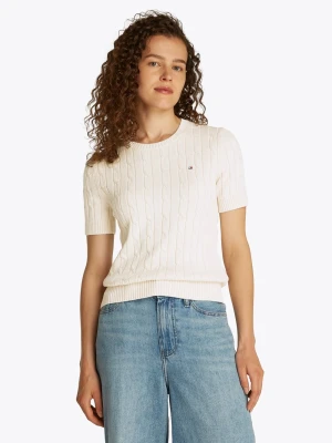 Tommy Hilfiger Damski sweter z krótkim rękawem Kobiety Bawełna biały jednolity,