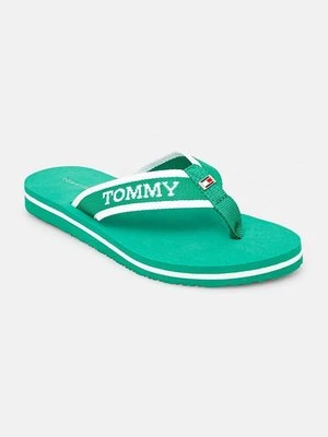 Tommy Hilfiger japonki HILFIGER WEBBING POOL SLIDE damskie kolor zielony na płaskim obcasie FW0FW07859