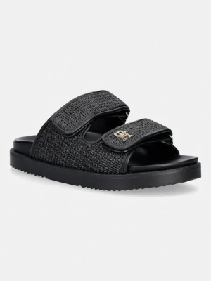 Tommy Hilfiger klapki damskie DOUBLE STRAP RAFFIA SANDAL czarny