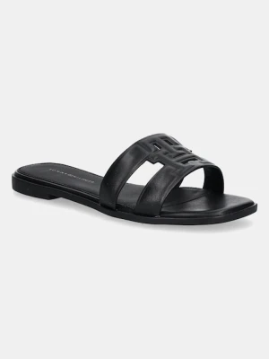 Tommy Hilfiger klapki na płaskim obcasie damskie skórzane TH LOGO STRAP MULE czarny