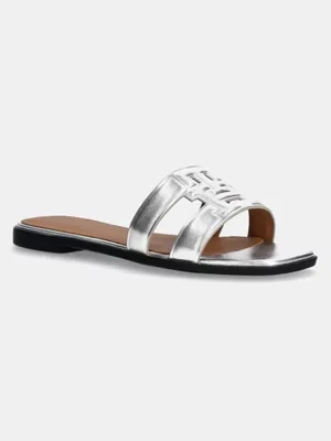 Tommy Hilfiger klapki skórzane TH LOGO STRAP METALLIC MULE damskie kolor srebrny FW0FW08676