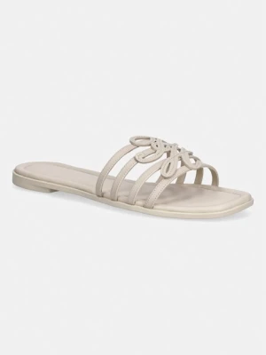 Tommy Hilfiger klapki z odkrytymi palcami damskie skórzane TH SCRIPT FLAT MULE LTH beżowy