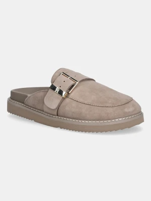 Tommy Hilfiger klapki zamszowe TH BUCKLE FUR SUEDE MULE damskie kolor beżowy FW0FW09083
