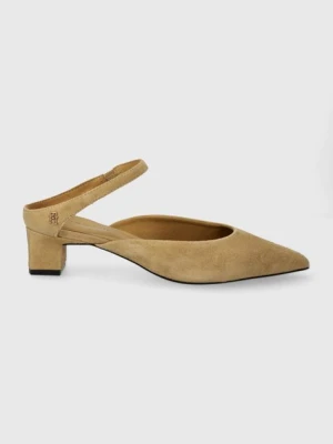 Tommy Hilfiger klapki zamszowe TH POINTY MID HEEL LEATHER MULE kolor beżowy na słupku z odkrytą piętą FW0FW07718