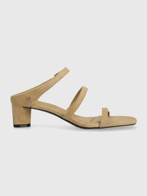 Tommy Hilfiger klapki zamszowe TH STRAP SUEDE MID HEEL damskie kolor beżowy na słupku FW0FW08043