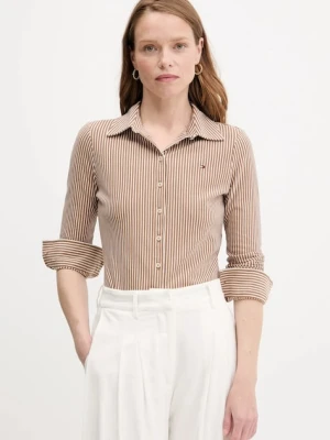 Tommy Hilfiger koszula damska kolor brązowy slim z kołnierzykiem klasycznym WW0WW43528