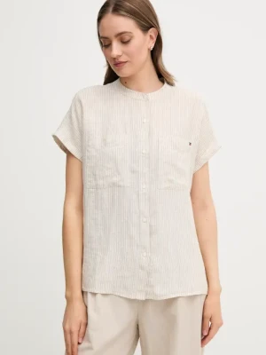 Tommy Hilfiger koszula lniana damska kolor beżowy relaxed ze stójką WW0WW44715