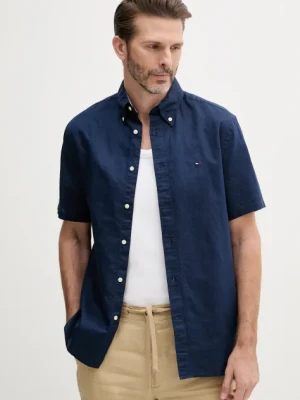 Tommy Hilfiger koszula z domieszką lnu męska kolor granatowy regular z kołnierzykiem button-down MW0MW40703