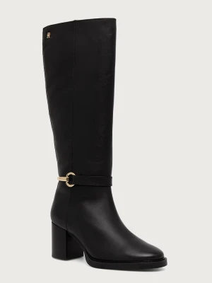 Tommy Hilfiger kozaki na słupku damskie skórzane TH STUD HEEL RIDING KNEE BOOT czarny