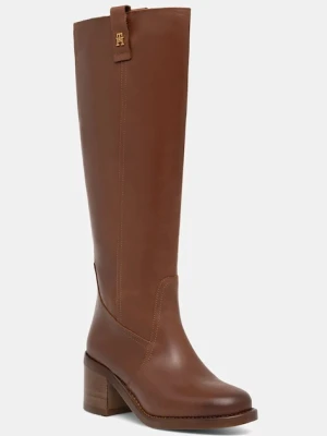 Tommy Hilfiger kozaki skórzane RIDING LTHR LONG BOOT BLOCK HEEL damskie kolor brązowy na słupku FW0FW08777