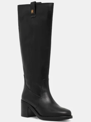 Tommy Hilfiger kozaki skórzane RIDING LTHR LONG BOOT BLOCK HEEL damskie kolor czarny na słupku FW0FW08777