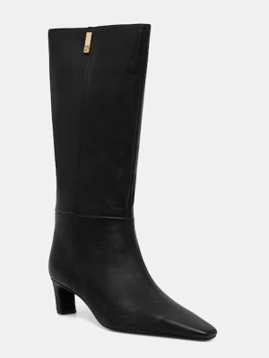 Tommy Hilfiger kozaki skórzane SQUARE TOE KITTEN LONG damskie kolor czarny na słupku FW0FW08772