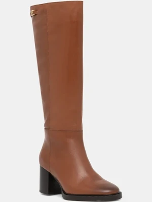 Tommy Hilfiger kozaki skórzane STACKED HEEL LEATHER LONG BOOT damskie kolor brązowy na słupku FW0FW08865
