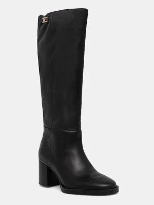 Tommy Hilfiger kozaki skórzane STACKED HEEL LEATHER LONG BOOT damskie kolor czarny na słupku FW0FW08865