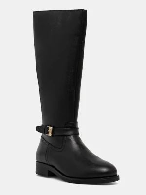 Tommy Hilfiger kozaki skórzane TH BUCKLE RIDING LTHR LONG BOOT damskie kolor czarny na płaskim obcasie FW0FW08873