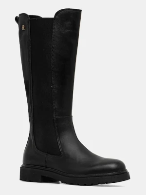 Tommy Hilfiger kozaki skórzane TH LTHR CLEATED LONG BOOT damskie kolor czarny na płaskim obcasie FW0FW08985