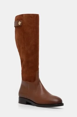 Tommy Hilfiger kozaki skórzane TH STUD LEATHER MIX LONG BOOT damskie kolor brązowy na płaskim obcasie FW0FW08341