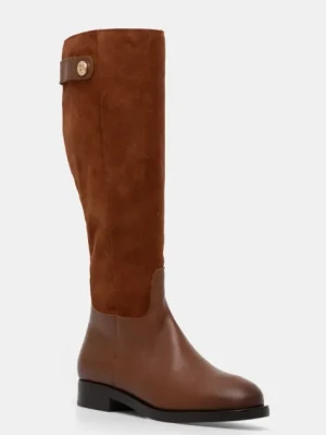 Tommy Hilfiger kozaki skórzane TH STUD LEATHER MIX LONG BOOT damskie kolor brązowy na płaskim obcasie FW0FW08341