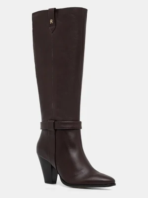 Tommy Hilfiger kozaki skórzane TH T-STRAP LTHR POINTY LONG BOOT damskie kolor brązowy na słupku FW0FW08982